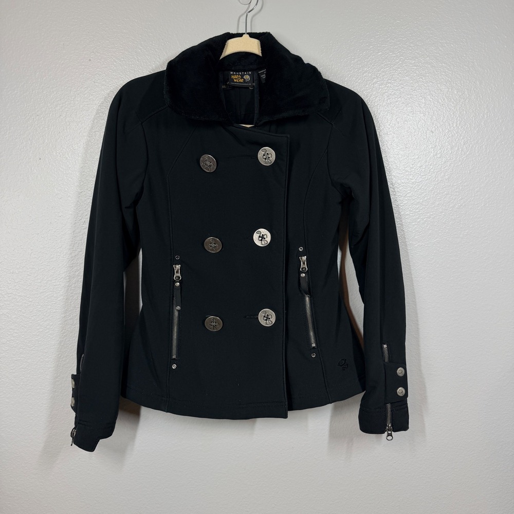 Mountain Hardwear Jacket Women Small Black Pea Coat Softshell Faux Fur Y2K